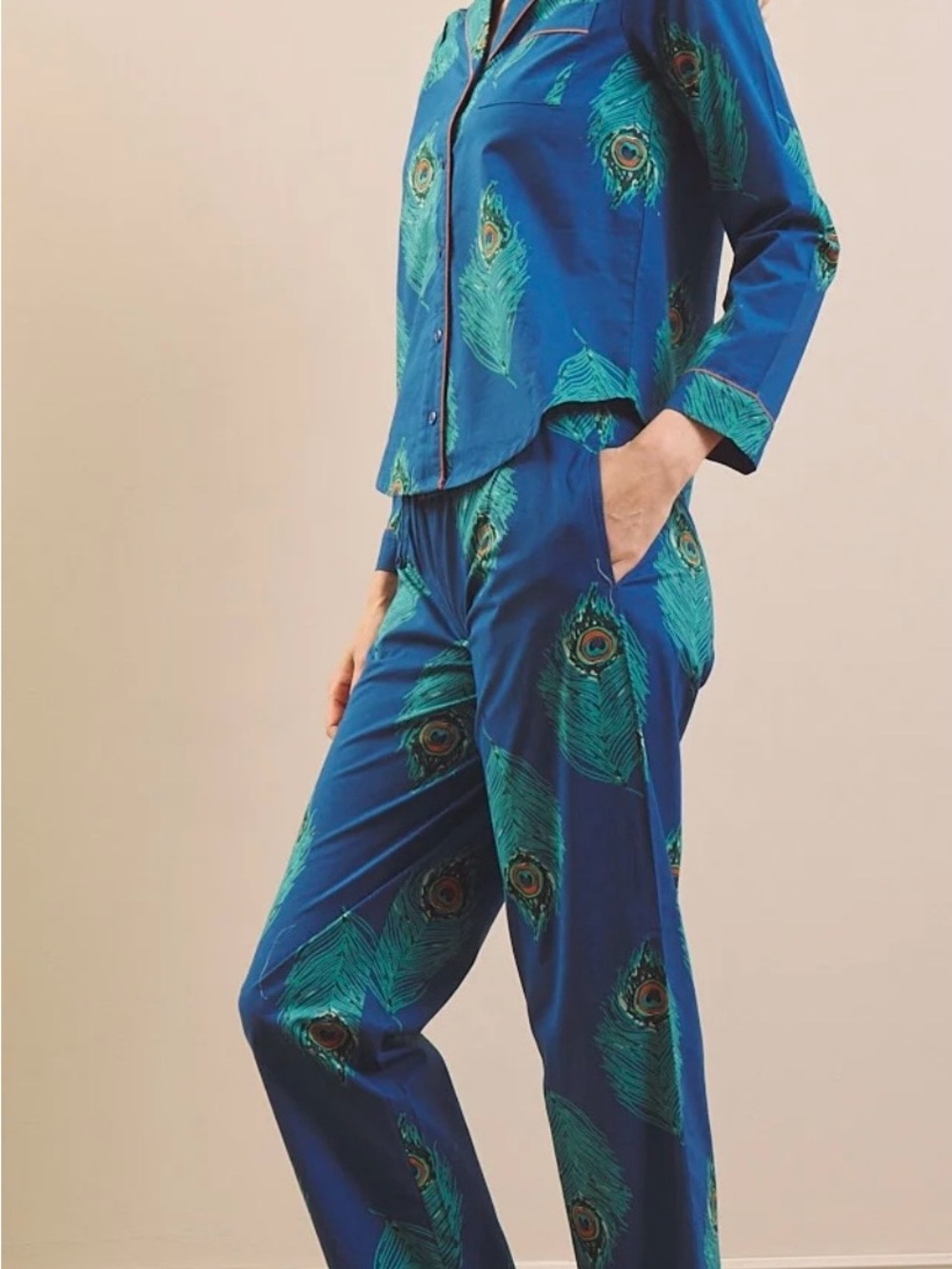 Their Nibs Womens Satin Oversized Pajamas Navy Peacock Feather Size Small - Picture 5 of 8